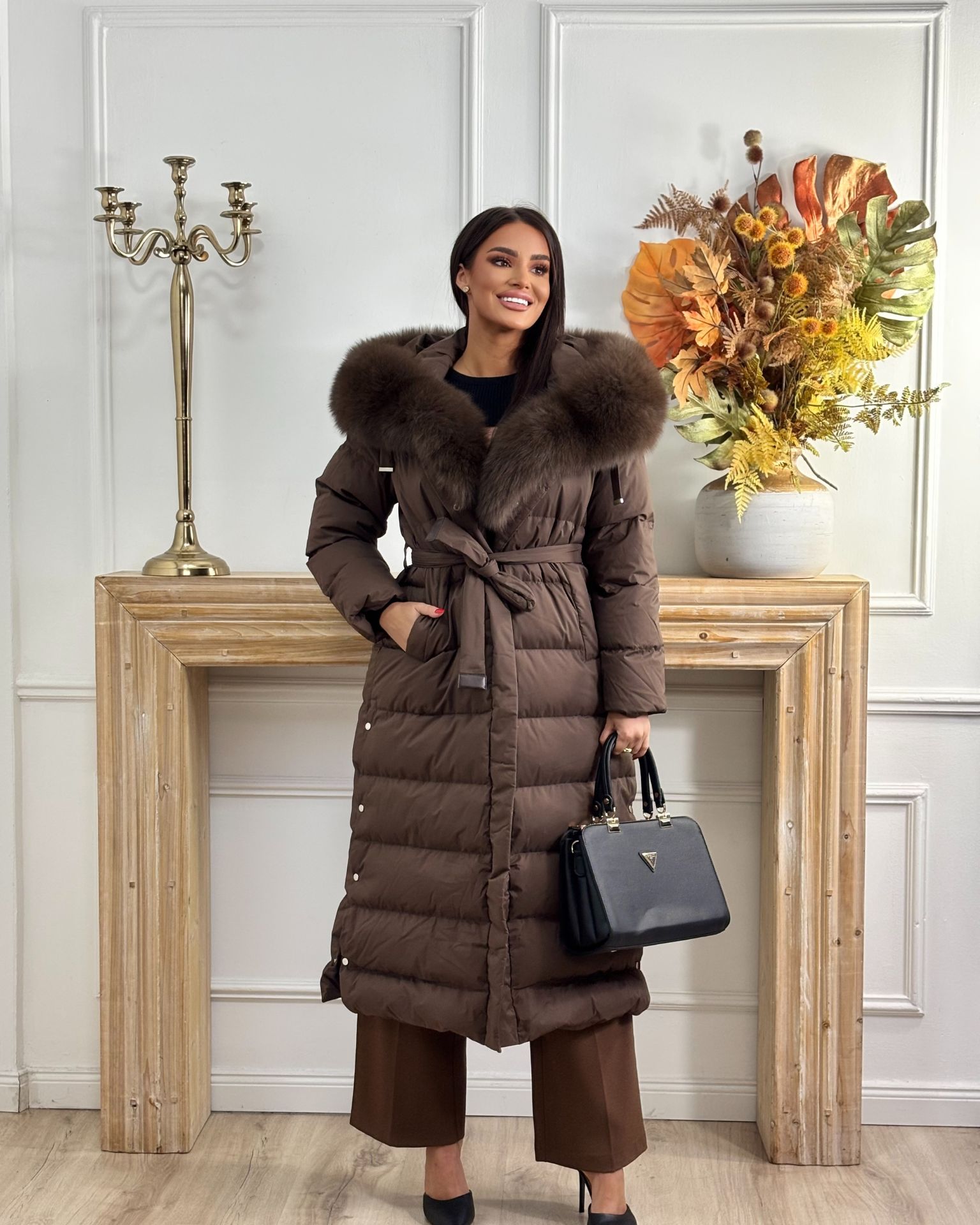 Braon duga perjana jakna sa krznom