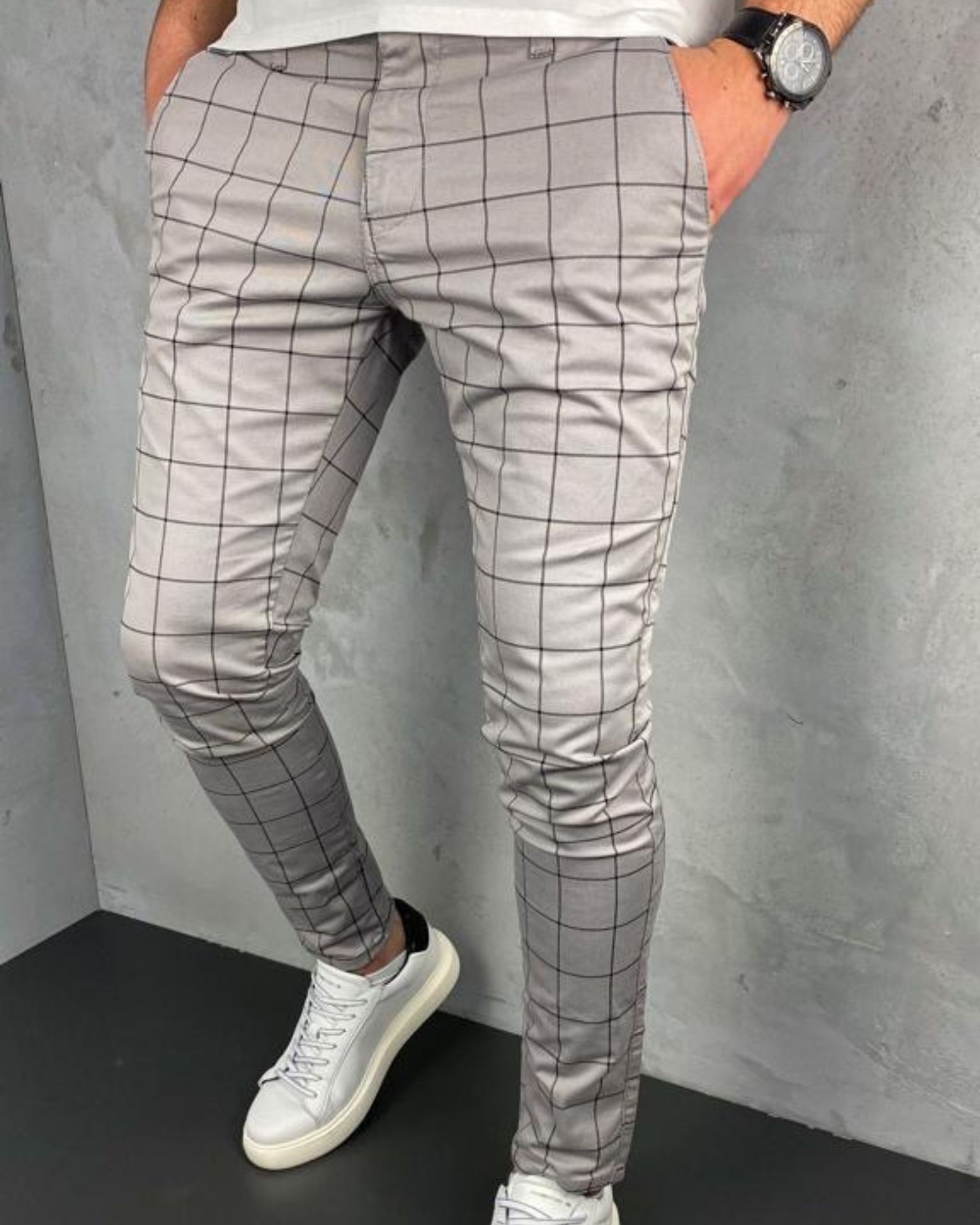 Muške slim fit sive karo pantalone