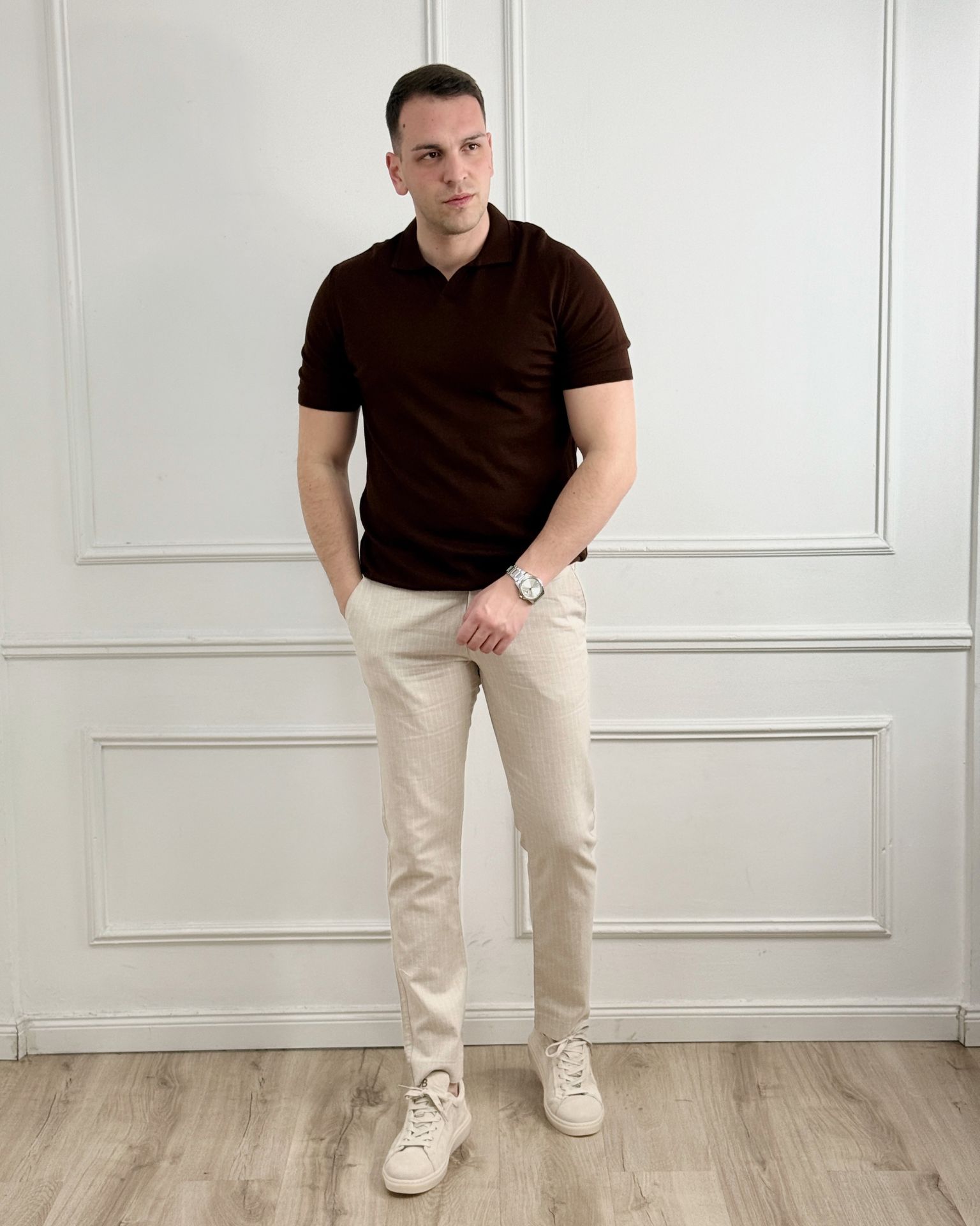 Lanene muške pantalone – bež sa belim prugama